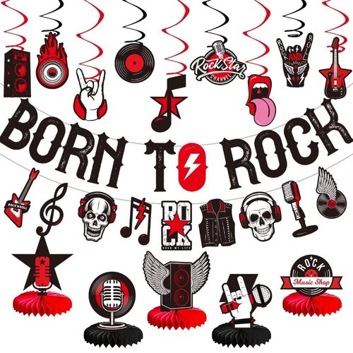 LARRAZABAL 25PCS Rock and Roll Party Decorations Include Born to Rock Glitter Banner, Rock and Ro...