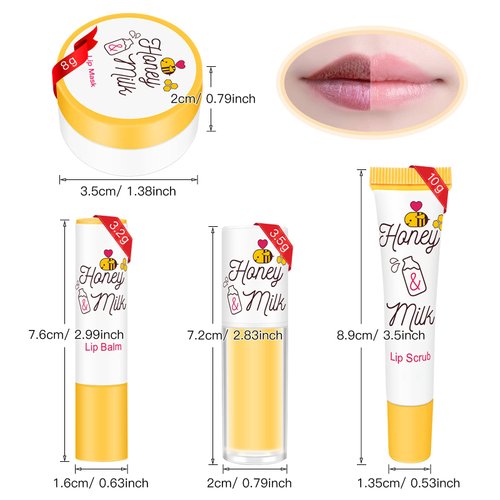 LSxia 4 Piece Honey Milk Lip Mask Lip Balm Lip Scrub Lip Oil Lip Care Kit, Moisturizing & Nourishing Dry and Cracked Lips, Overnight Sleeping Lip Exfoliator Lip Moisturizer Lip Repair