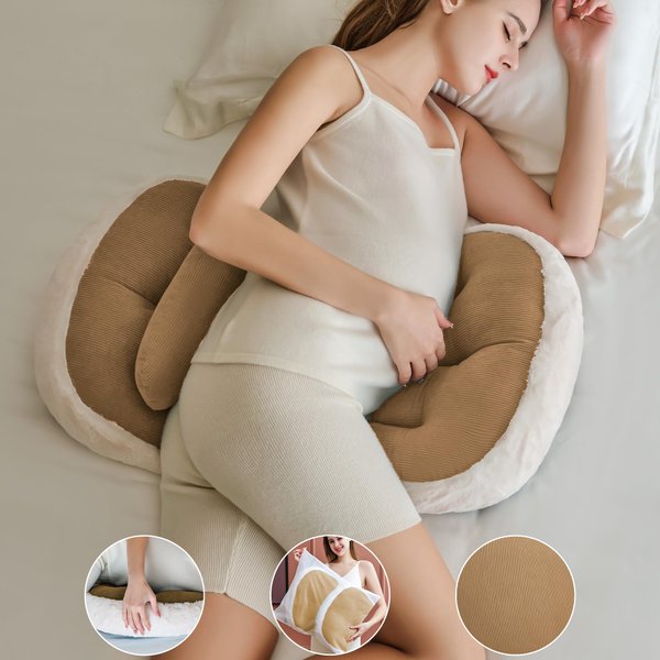 pobopobo Pregnancy Pillow for Sleeping,Comfortable Faux Fur Luxury Maternity Pillow Support for Pregnant Women, Pregnancy Pillows with Laundry Bag, Maternity Pillows for Hip Pain(Coffee)