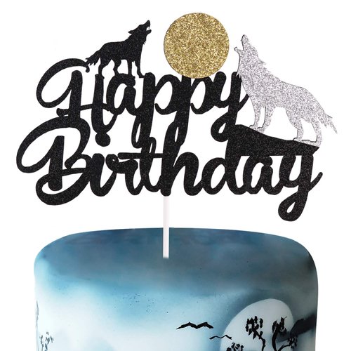 Qerleny wolf cake topper wolf silhouette happy birthday cake decoration kids boys girls birthday party glitter black supplies decoration
