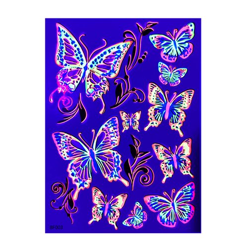 Temporary Tattoos – 1 Sheet Butterfly Design Body Paint Art Blacklight Reactive Light Festival Accessories Glow in the Dark Party Supplies | 7.2” x 5.2” Temp Great for EDM EDC Party Rave Parties