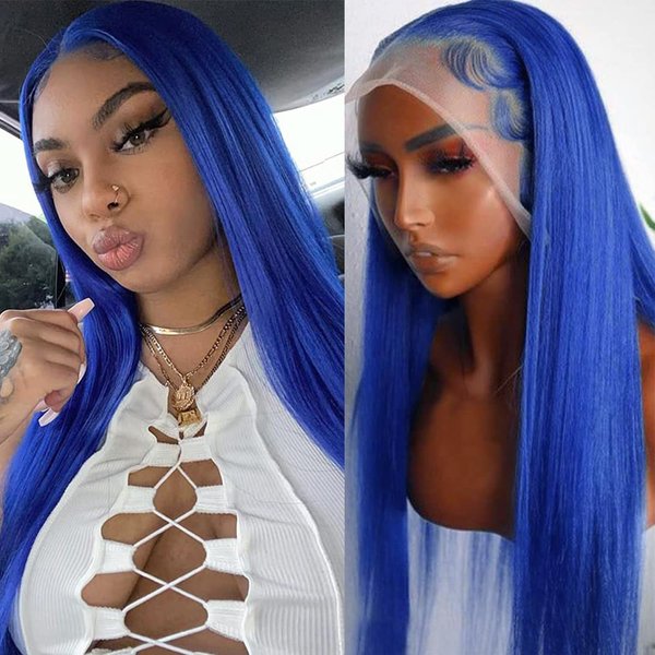 Lezaxiu 13x3 Blue Lace Front Wigs Pre-Plucked Long Straight Hair Deep Blue Wig Heat Resistant Fiber Hair Glueless Synthetic Lace Front Wigs for Black Women