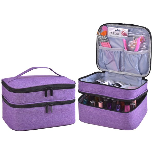 ZFZGFRCS Nail Polish Organizer- Holds 30 Bottles Nail Supply Organizers and Storage Double-layer Nail Polish Carrying Case Nail varnish Organizer Nail Polish Storage Bag with Handle(Purple)