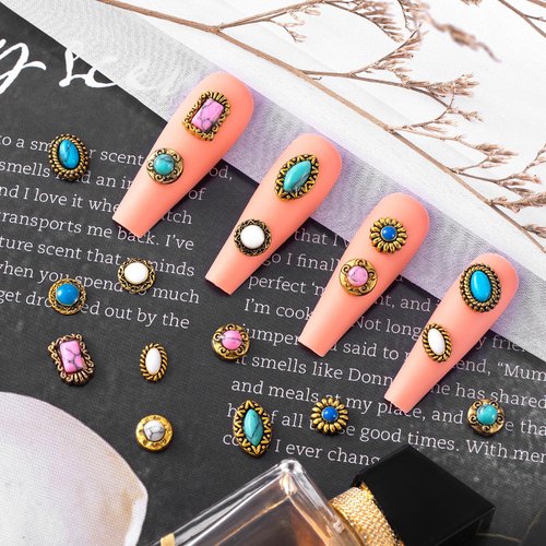 HINZIC 40Pcs Western Nail Charm 3D Vintage Daisy Turquoise Nail Art Rhinestones Blue White Pink Marble Gems Jewel Accessories for Acrylic Nails Women Girls Valentines Birthday Decorations