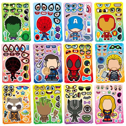 24pcs 9”x6 Make-a-face Spider & Friends Sticker for Boys, Birthday Favor Supplies and Valentines Gifts,Different Make a Face Crafts Sticker Sheets, (Spider & Friends)