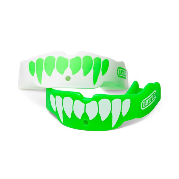 Battle Fangs Football Mouthguard – Sports Mouth Guard with Removable Strap – Protector Mouthpiece Fits With or Without Braces on Teeth – Adult & Youth Mouth Guard Sizes, 2 Pack, Youth (Age 9 & Below), Neon Green/White