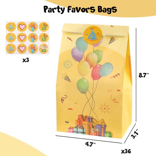 VGOODALL 36PCS Treat Bags, 4.7"x 3.1"x 8.7" Balloon Party Favor Paper Bags with Stickers Paper Gift Bags Candy Bags Goodie Bags for Birthday Party Supplies
