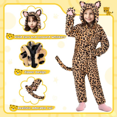 GIFTINBOX Leopard Costume Kids, Zip-Up Hooded Onesie Girls Costume, Cat Costume for Girls Dress Up, Halloween Animal Costumes for Kids 5 6 7 8 9 10 11