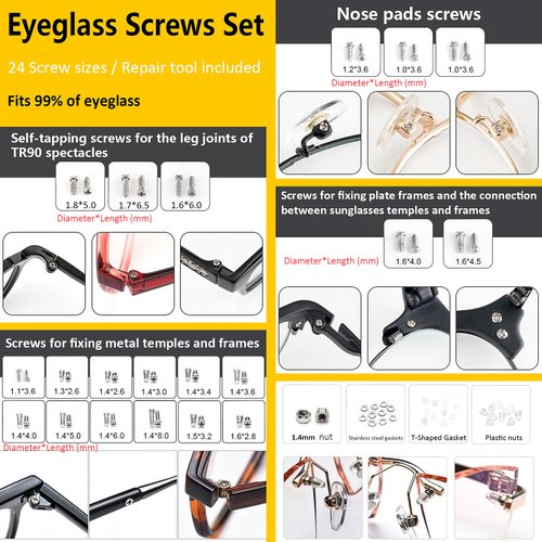 PFDHQS Eyeglass Repair Kit, Glasses Repair Kit with 24 Types Eyeglass Screws, Eyeglass Nose Pads and Eyeglass Screwdriver