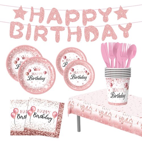 Cicont 177PCS Rose Gold Birthday Party Supplies Disposable Paper Plates Napkins Cups Tablecloth, Party Decorations Cups for Boys Girl Birthday Party Decor, Serve 25