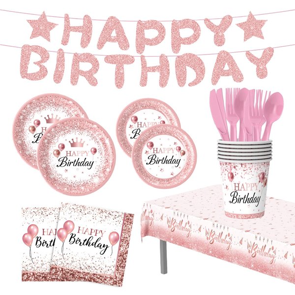 Cicont 177PCS Rose Gold Birthday Party Supplies Disposable Paper Plates Napkins Cups Tablecloth, Party Decorations Cups for Boys Girl Birthday Party Decor, Serve 25