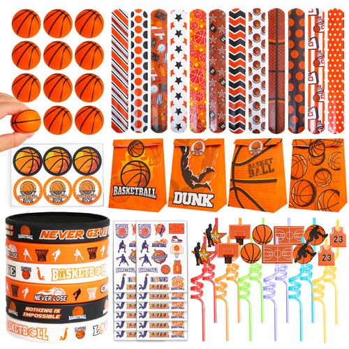 Basketball Party Favors Set 72 PCS Basketball Slap Bracelets Straws Tattoo Stickers Mini Stress Ball Silicone Bracelets Gift Bags for Kids Adults Sports Basketball Birthday Gift Classroom Rewards