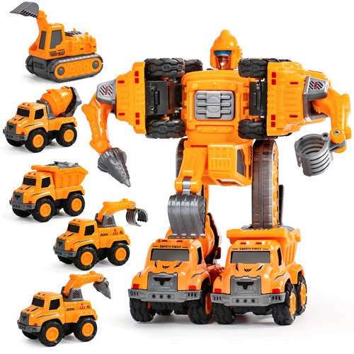 Fajiabao Transforming Robot Toys for 3 4 5 Year Old Boys Construction Vehicle 5 in 1 Transform Toys Action Figures Set Building STEM Car Toys for Age 4-6 5-7 Year Old Boy Christmas Birthday Gift