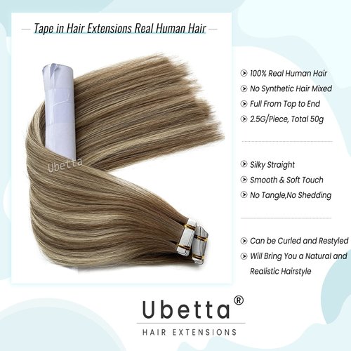 Tape in Hair Extensions,Ombre Ash Brown Highlighted Blonde Hair Extensions Real Human Hair Tape ins Extensions for Women,20 Pieces Double Sided Invisible Tape in Extensions Remy Human Hair 16Inch