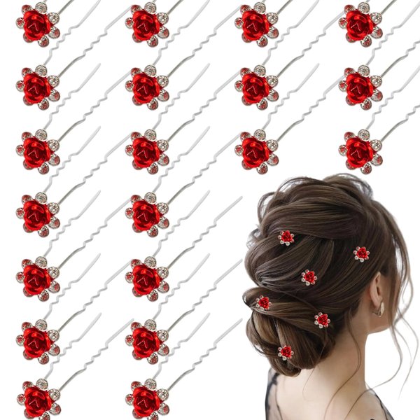 Generic 20 Pieces Red Crystal Hair Pins Rose Flower Hair Clips U Shaped for Bride Women Girls Wedding Dance Birthday Hair Accessories