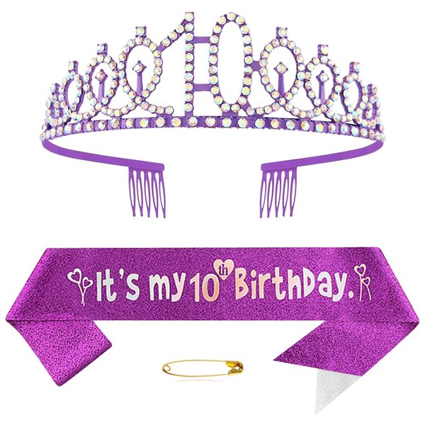 Purple 10th Birthday Sash for Girls Birthday Princess Crown Queen Tiara Rhinestone Birthday Headbands Birthday Girl Sash Happy Birthday Decorations for Girls 10 Year Old Birthday Party Supplies