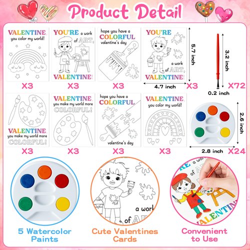 CPicdn 24 Pack Valentine’s Day Gifts Mini Watercolor Kids Paint Set, DIY Valentines Greeting Card Watercolor Paint Bulk for Boys Girls School Classroom Exchange Gift Valentines Cards Party Favors