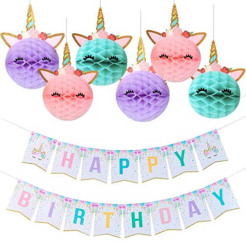 Party Decoration, Happy Birthday Banner with Honeycomb Balls for Girls Birthday Party Supplies -Golden Glitter Design
