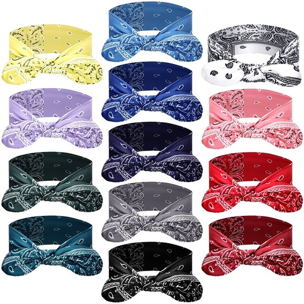 WILLBOND 13 Pieces Bandana Headband for Women Paisley Hair Bandanas Boho Bow Headbands Elastic Knot Rabbit Ear Head Wrap Cute Hair Accessories for Women Girls 7.87x2.76 inch (Chic Color)