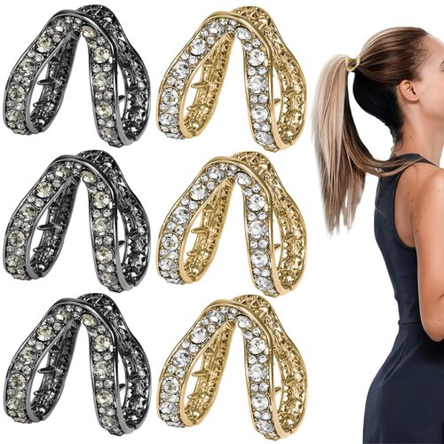 KuuGuu 6 PCS Rhinestone Small Hair Claw Clips for High Ponytail Shining Metal Hair Clip Set Fashion Anti-slip Shark Barrettes Ponytail Buckle Holder Hair Accessories for Women Girls Thick Long Hair