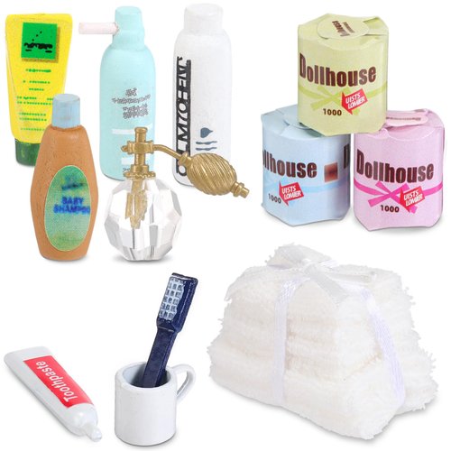 Silipull 12 Pcs Miniature Dollhouse Accessories 1: 12 Scale Dollhouse Decoration Accessories Include Dollhouse Toothbrush Toothpaste Tumbler Towel 3 Paper Towels Shampoo Lotion Cleansing Cream Perfume