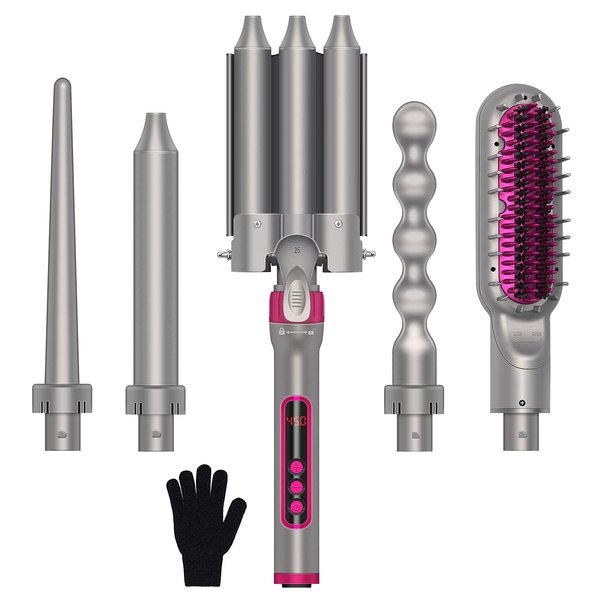 Crystal Rabbit Curling Iron, 5 in 1 Ceramic Barrel Set with Hair Straightener Brush, Instant Heat Up, LCD Temp Control, Ideal Gift