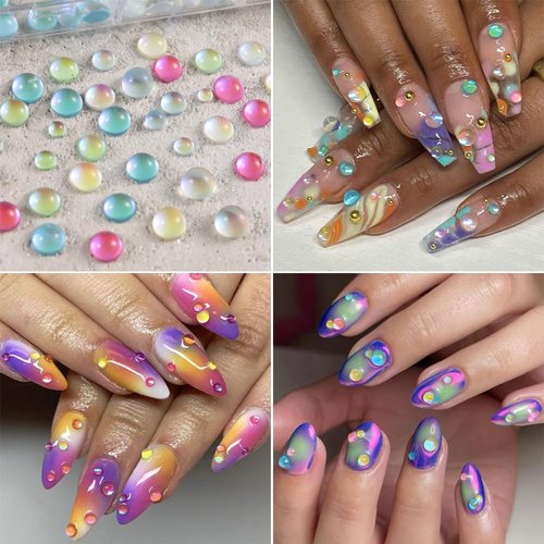 Aurora Mermaid 3D Bubble Beads Nail Charms, Mixed Sizes Colorful Iridescent Crystal Gems Clear Transparent Dewdrop Water Droplets Glass Flatback Rhinestones for Nails DIY Accessories Nail Supplies
