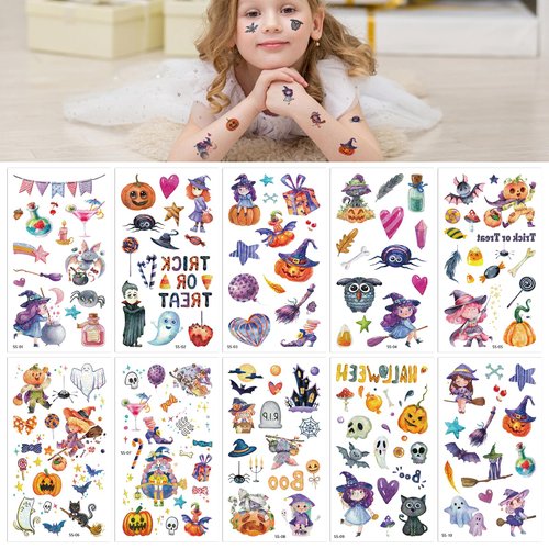 Halloween Temporary Tattoos Stickers, Halloween Tattoos for Kids Decor Favors Supplies Gifts Girls,10 Sheets