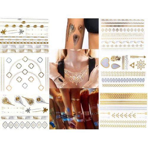 1 Sheet for Gold and Silver Metallic Temporary Tattoos, Flash Fake Waterproof Tattoo Stickers For Outdoor Body Arm Bracelets Decoration Chain Leaf Bohemia Style (Y6)