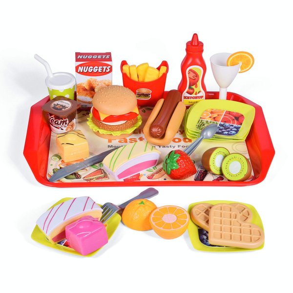FUN LITTLE TOYS 40PCS Play Food for Kids Kitchen, Play Kitchen Accessories, Toy Foods with Cutting Fruits and Fast Food for Pretend Play, Birthday Gifts