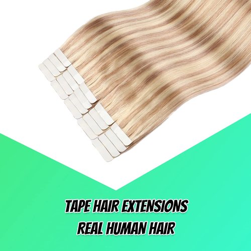 VINBAO 20 PCS Tape In Hair Extensions Real Human Hair Invisible Seamless Skin Weft Double Sided Tape Remy Human Hair Balayage Natural Long Straight (22inch, #18P613)