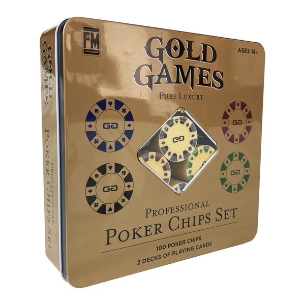 Gold Games Professional Poker Chips Set, 100 Poker Chips, 2 Decks of Playing Cards, Water-Resistant, Gold and Bold in True Casino Style