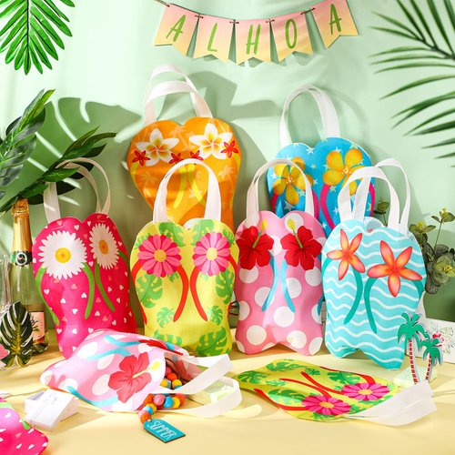 Silkfly 24 Pcs Flip Flop Tote Bags Non Woven Reusable Party Favor Bags Summer Beach Bag Bulk Tropical Gift Bags Hawaiian Goodie Bags with Handles for Kids Birthday Hawaii Luau Party Decorations