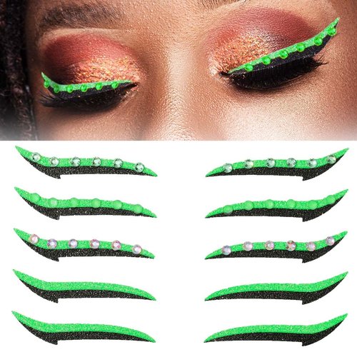 Uranian Eyeliner Stickers Glitter Eyeliner Stickers with Rhinestones Instant Adhesive Eye Line Strip Reusable Eyeshadow Stickers Colorful Eyelid Tape for Party Eye Makeup Tool for Women (Shiny Green)