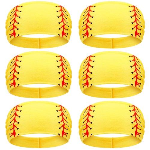Zeyune 6 Pcs Yellow Softball Headband Breathable Elastic Headband Ball Print Head Wrap Hair Band Bandana Workout Headbands Adjustable Sweat Proof Softball Accessories for Girls Women