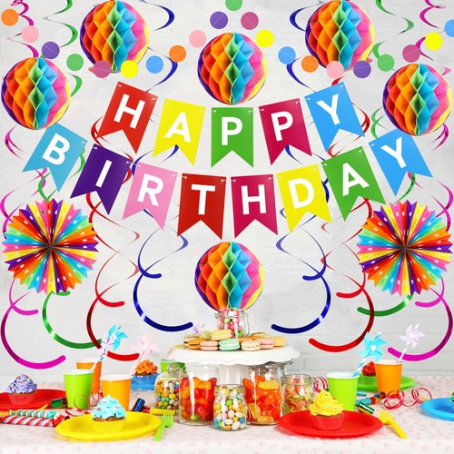 PatiCool Happy Birthday Party Decorations Pack with Rainbow Happy Birthday Banner, Honeycomb Balls, Circle Dot Garland, Paper Fans and Hanging Swirls Streamers