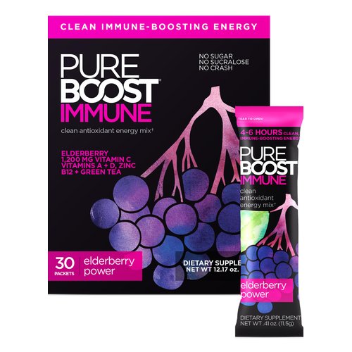 Pureboost Immune Clean Energy Drink Mix: Immunity Supplement with Elderberry, 1200 mg Vitamin C, Vitamins A + D, Zinc., 28 Vitamins, Minerals and Supernutrients (Elderberry Power, 30 Count)