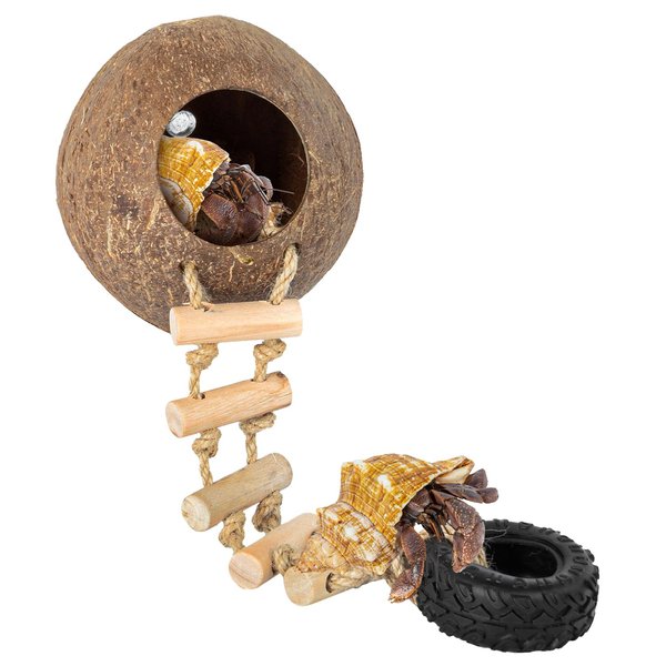 REPTIZOO Hermit Crab Coconut Shell Hideout, Leopard Gecko Hide Cave with Ladder, Reptile Coco Hut Cave Habitat with Suction Cup Terrarium Décor for Crested Gecko,Hermit Crab, Lizard, Leopard Gecko