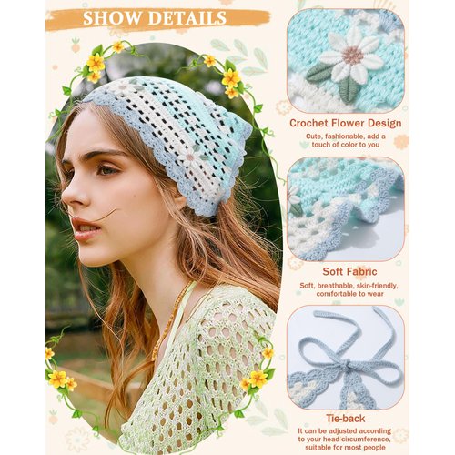 Ufgin 2 PCS Crochet Hair Bandanas Floral Head Scarf Knit Bandana Headband Scarf Tie-Back Head Kerchief Daisy Hair Bandanas for Women Girls(Blue+Yellow)