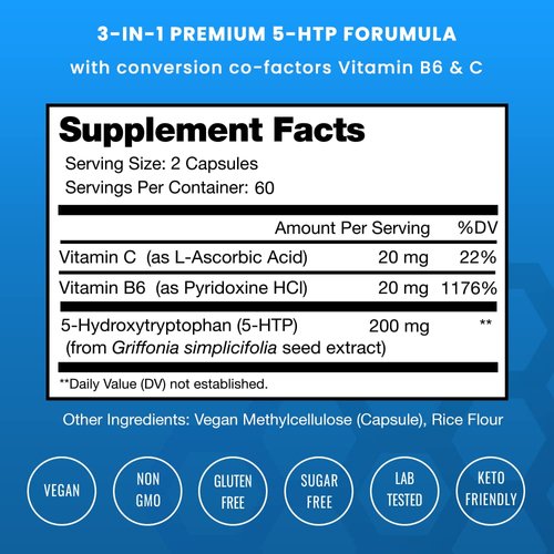 5-HTP 200mg | 120 Vegan Capsules | 5 HTP Supplement | Pure 5HTP 100mg Plus Co-Factors Vitamin B6 & Vitamin C