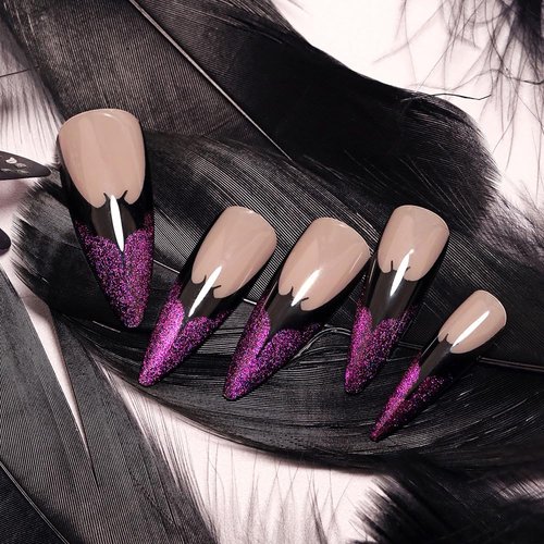 24Pcs Halloween French Tip Press on Nails Long Stiletto Purple False Nails with Cat Eyes Designs Extra Long Black Bat Fake Nails Glitter Acrylic Glue on Nails Glossy Nail Tips for Women Girls Cosplay
