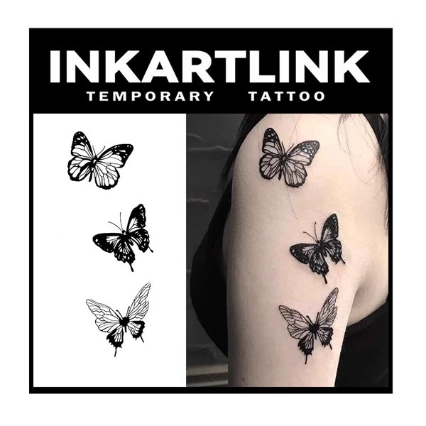 INKARTLINK Temporary Tattoos, 2 Sheets Medium Semi Permanent Tattoo Adult Art Design Waterproof Temp Tattoo Party Favors Realistic Look, No Adhesive, No Reflection, Lasts 1-2 Weeks (Three butterflies)