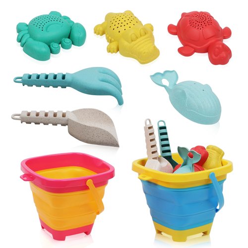 Collapsible Beach Sand Toys Set for Kids Toddlers, Beach Toys and Sandbox Toys with 2 Collapsible Beach Buckets, Sand Molds and Shovel and Rake Set, Summer Outdoor Travel Beach Toys for Boys Girls