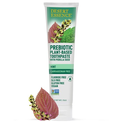 Desert Essence Prebiotic Plant-Based Toothpaste Mint 6.25 oz - Fluoride Free, No SLS, Gluten-Free, Vegan, Cruelty Free - Healthy Oral Microbiome - Tea Tree Oil, Inulin & Chicory Root