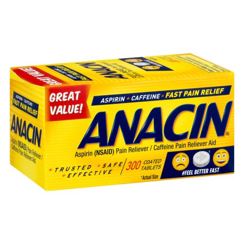 Anacin Aspirin/Caffeine Pain Reliever Aid | Fast Pain Relief | 300 Tablets