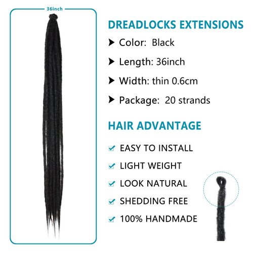 SAVASANA 36 Inch Dreadlock Extensions 20 Strands Boho Style Crochet Hair Dreads Synthetic Single Ended Hippie Loc Hair Extensions Black Handmade Crochet Braids for Women & Men