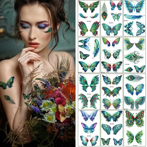 12 Sheets Peacock Butterfly Temporary Tattoo Stickers Green Butterfly Wings Peacock Feather Face Makeup Art Waterproof Fake Tattoos for Women Rave Festival Party