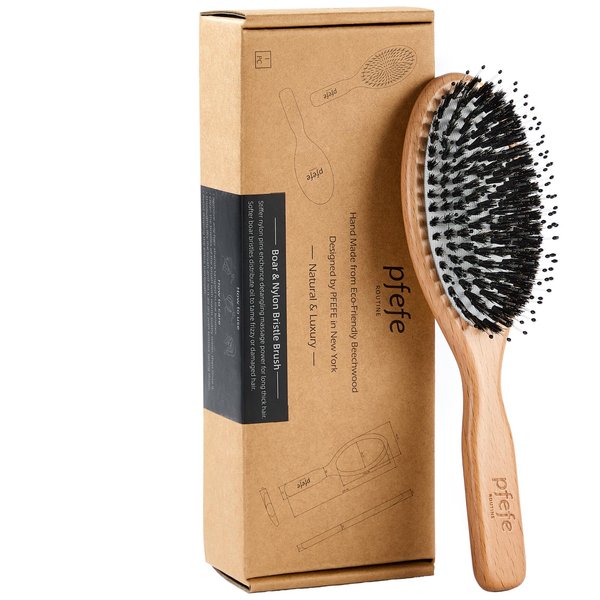 Wooden Boar Bristle Hair Brush, Natural Beechwood Detangling Brush for Men & Women, Soft Natural Bristles Bursh with Travel Bag, Hairbrush for Long Short Thick Curly Wet Dry Hair