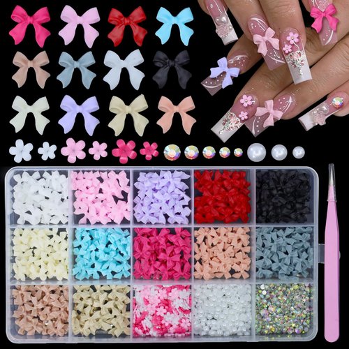 3D Bows Nail Charms Set Assorted Colorful Bowknot White Pink Color Tiny Flowers Nail Art Charms Bow White Nail Pearls AB Rhinestones for Manicure Jewel Accessories