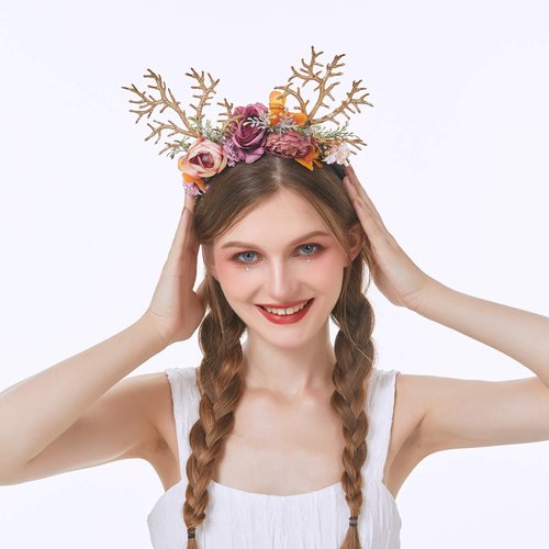 Vivivalue Deer Antler Hair Band Deer Headband with Flowers Antler Hair Hoop Flower Headband for Party Cosplay Costume